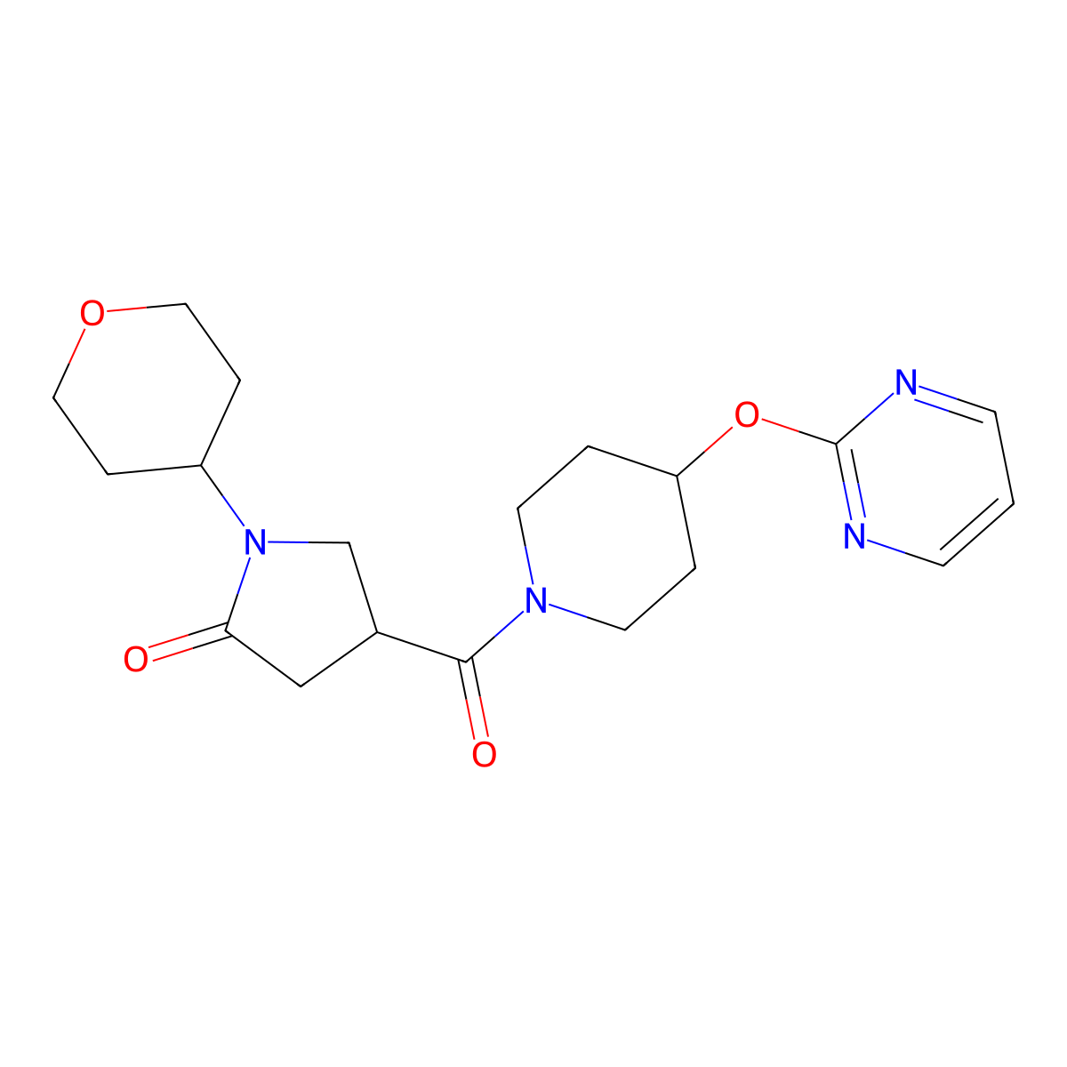 4-(4-(pyrimidin-2-yloxy)piperidine-1-carbonyl)-1-(tetrahydro-2H-pyran-4-yl)pyrrolidin-2-one molecular structure, CAS 1421462-29-4