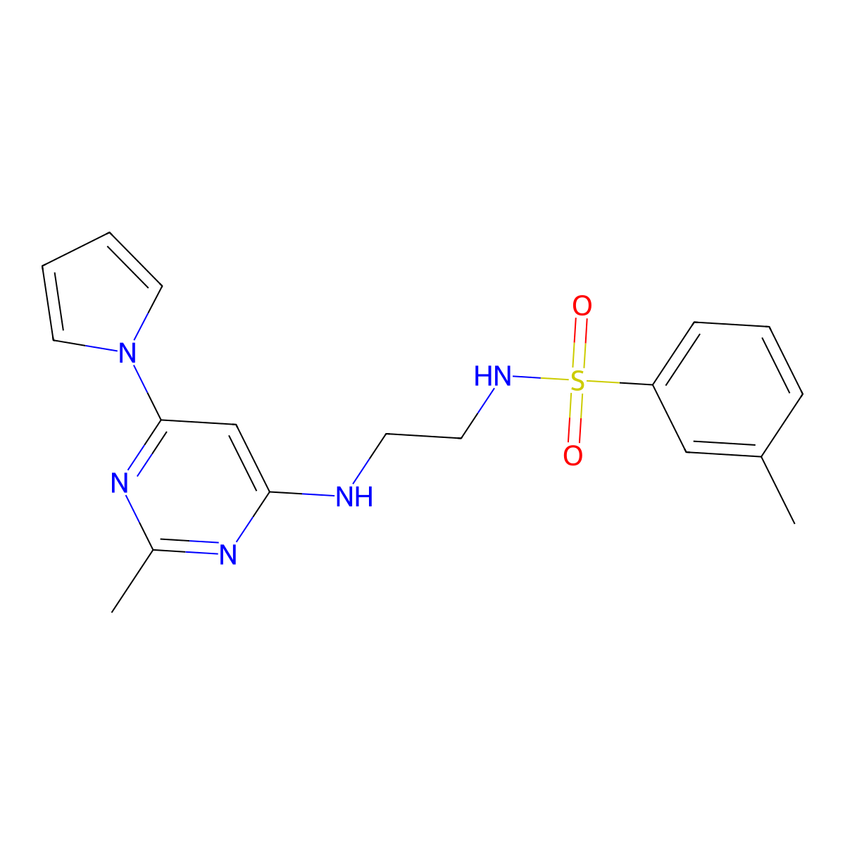 3-methyl-N-(2-((2-methyl-6-(1H-pyrrol-1-yl)pyrimidin-4-yl)amino)ethyl)benzenesulfonamide molecular structure, CAS 1421462-31-8
