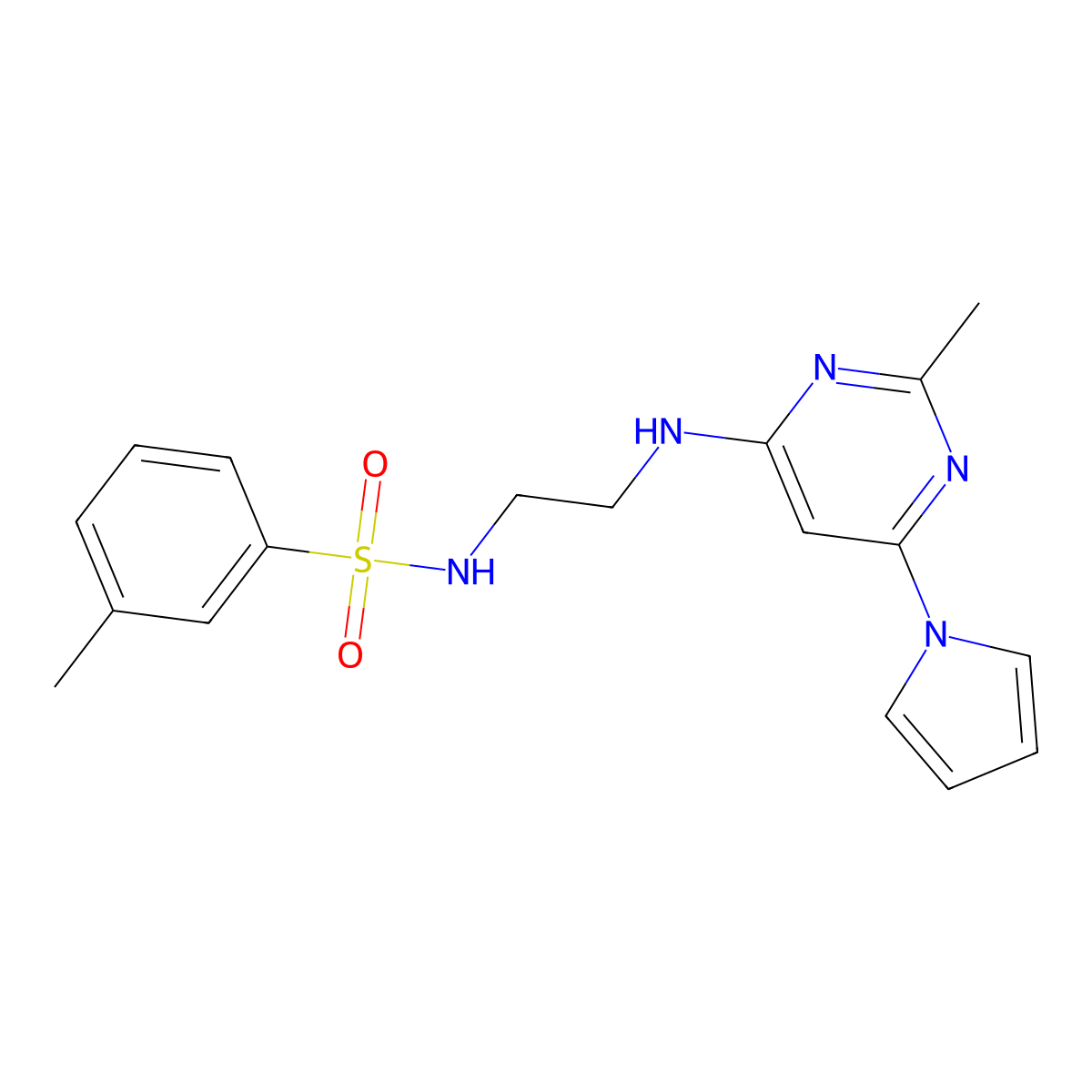 3-methyl-N-(2-((2-methyl-6-(1H-pyrrol-1-yl)pyrimidin-4-yl)amino)ethyl)benzenesulfonamide molecular structure, CAS 1421462-31-8