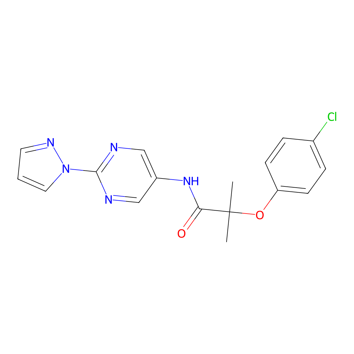N-(2-(1H-pyrazol-1-yl)pyrimidin-5-yl)-2-(4-chlorophenoxy)-2-methylpropanamide molecular structure, CAS 1421462-34-1