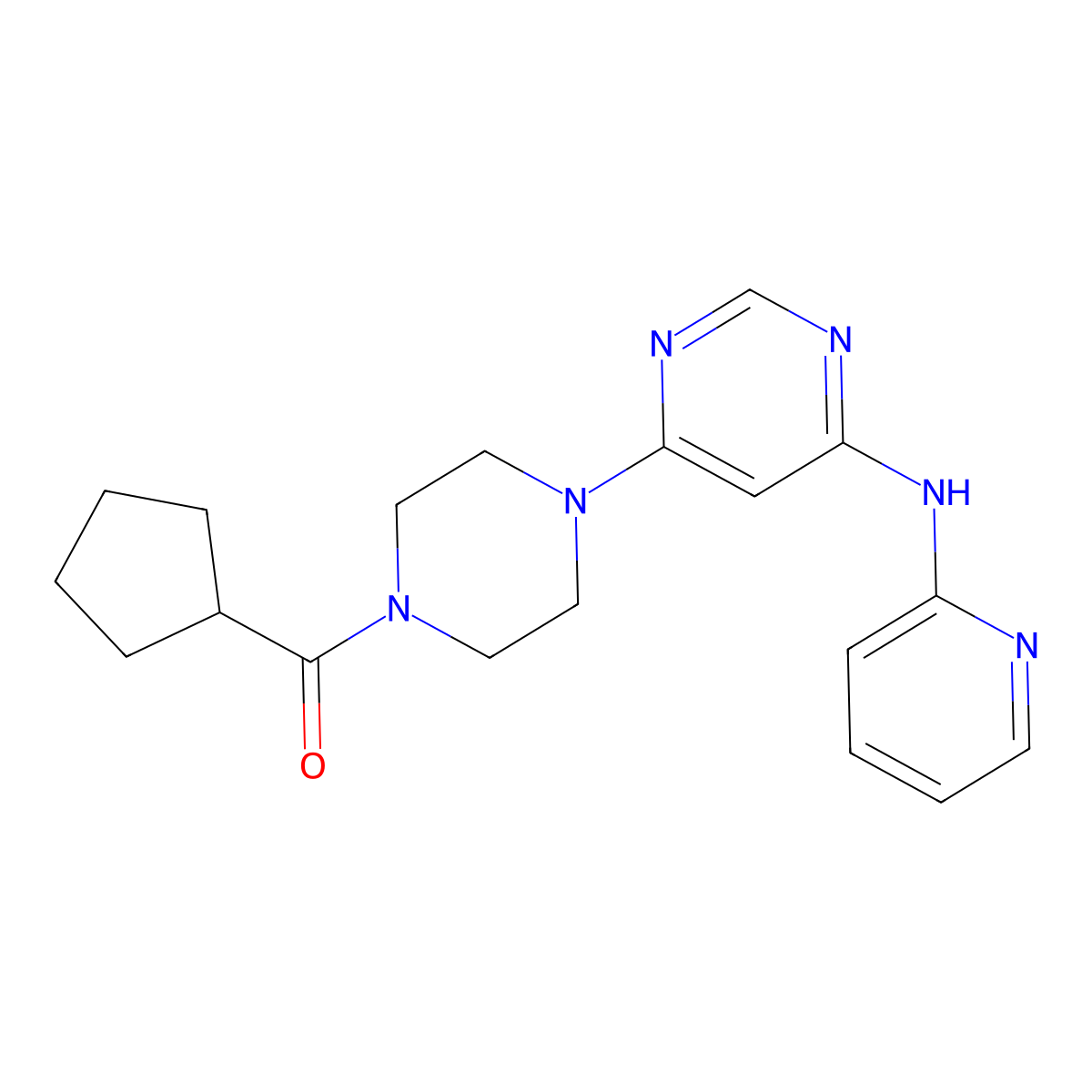 Cyclopentyl(4-(6-(pyridin-2-ylamino)pyrimidin-4-yl)piperazin-1-yl)methanone molecular structure, CAS 1421462-37-4
