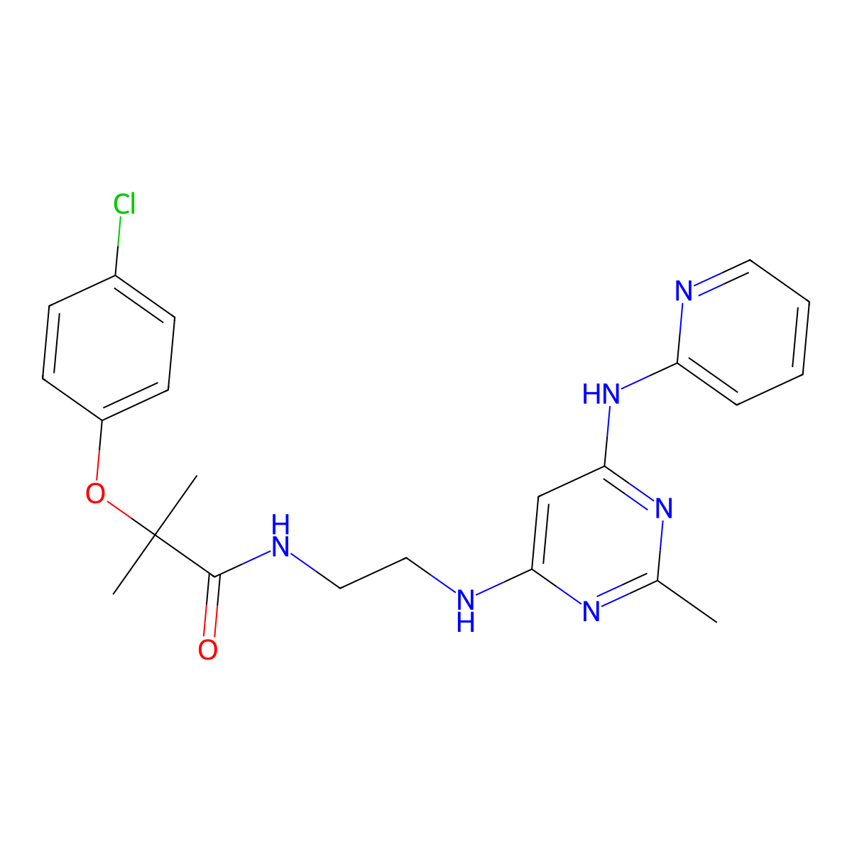 2-(4-chlorophenoxy)-2-methyl-N-(2-((2-methyl-6-(pyridin-2-ylamino)pyrimidin-4-yl)amino)ethyl)propanamide molecular structure, CAS 1421462-42-1
