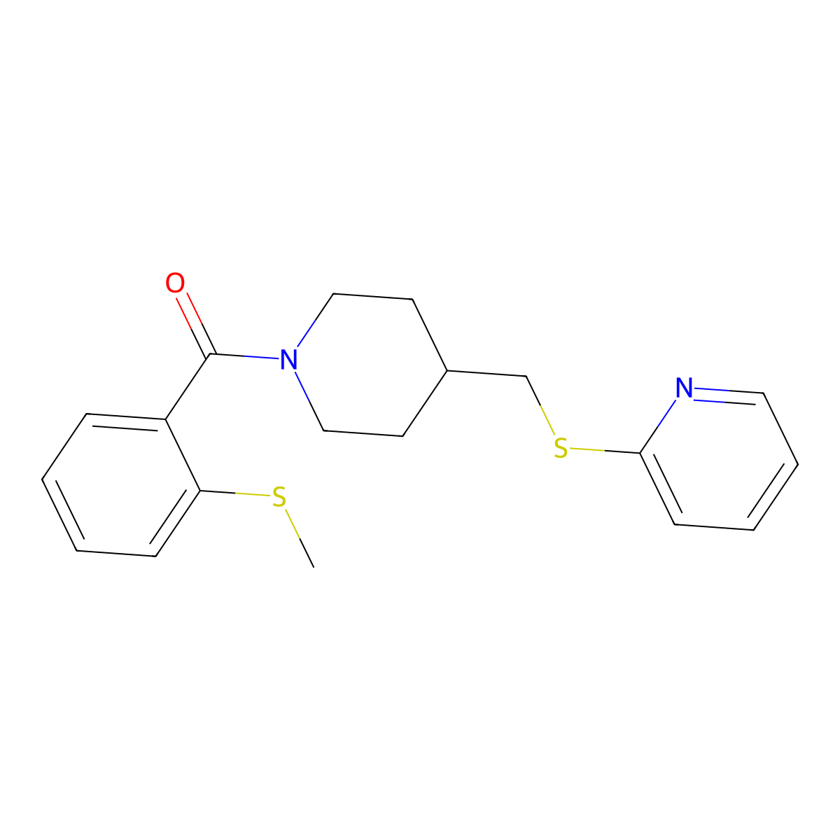 (2-(Methylthio)phenyl)(4-((pyridin-2-ylthio)methyl)piperidin-1-yl)methanone molecular structure, CAS 1421462-56-7