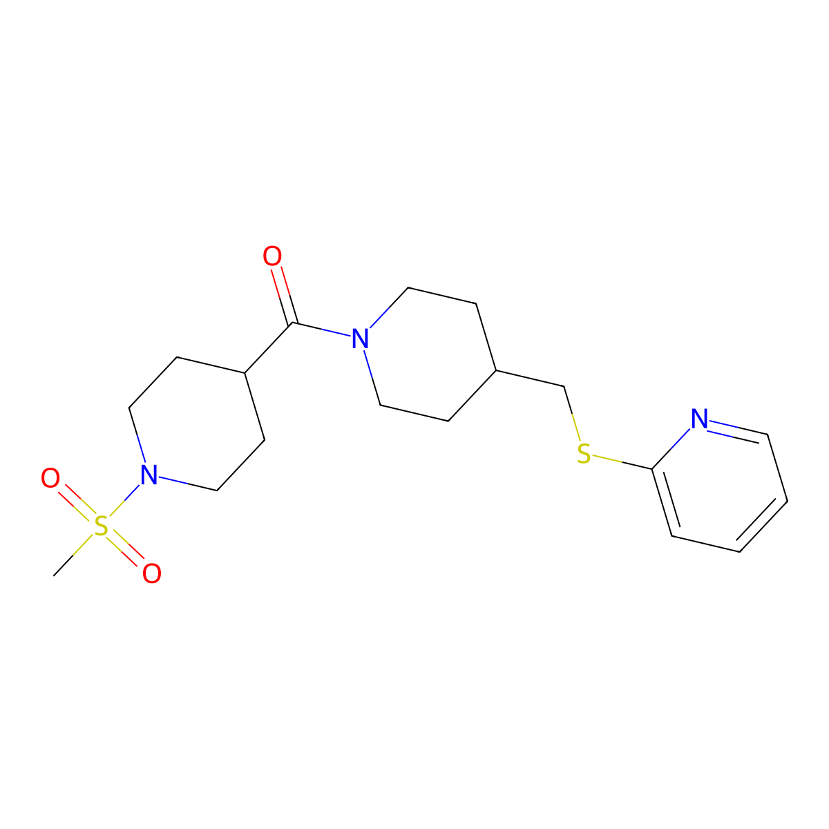 (1-(Methylsulfonyl)piperidin-4-yl)(4-((pyridin-2-ylthio)methyl)piperidin-1-yl)methanone molecular structure, CAS 1421462-63-6