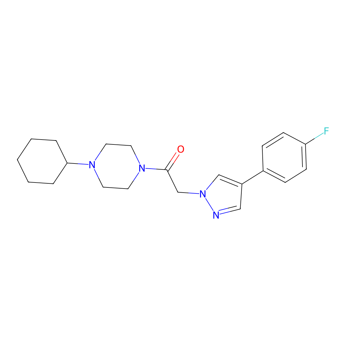 1-(4-cyclohexylpiperazin-1-yl)-2-(4-(4-fluorophenyl)-1H-pyrazol-1-yl)ethanone molecular structure, CAS 1421462-77-2