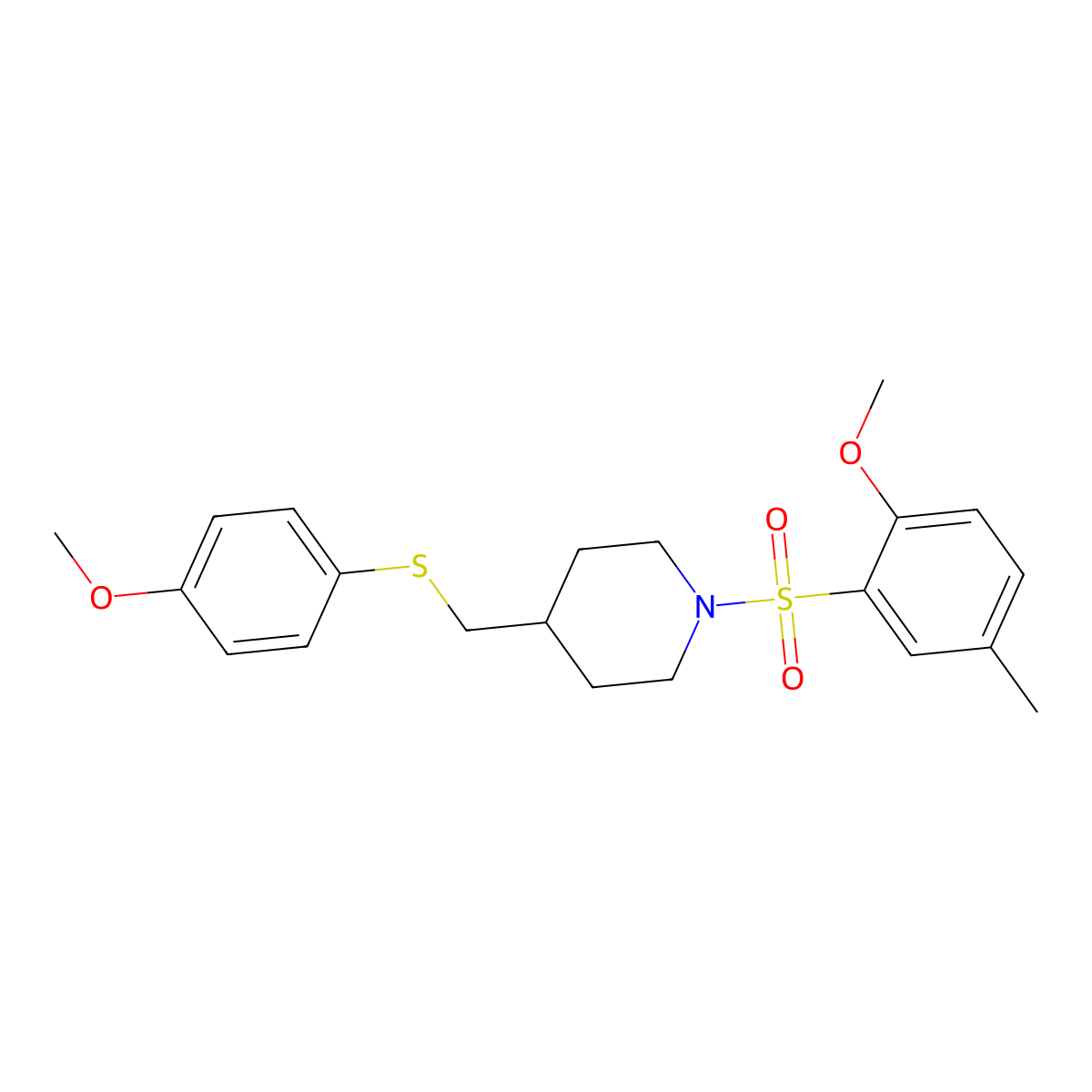 1-((2-Methoxy-5-methylphenyl)sulfonyl)-4-(((4-methoxyphenyl)thio)methyl)piperidine molecular structure, CAS 1421462-98-7