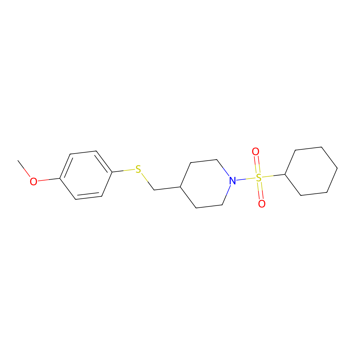 1-(Cyclohexylsulfonyl)-4-(((4-methoxyphenyl)thio)methyl)piperidine molecular structure, CAS 1421463-08-2