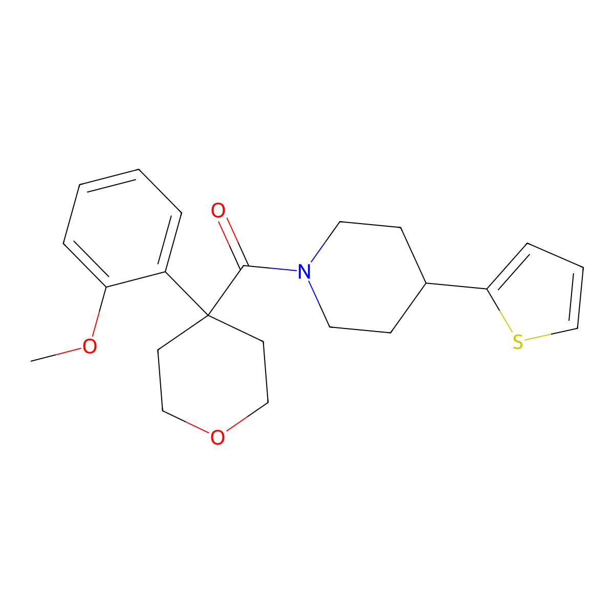 (4-(2-methoxyphenyl)tetrahydro-2H-pyran-4-yl)(4-(thiophen-2-yl)piperidin-1-yl)methanone molecular structure, CAS 1421463-24-2