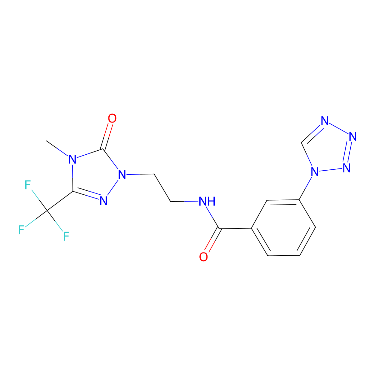 N-(2-(4-methyl-5-oxo-3-(trifluoromethyl)-4,5-dihydro-1H-1,2,4-triazol-1-yl)ethyl)-3-(1H-tetrazol-1-yl)benzamide molecular structure, CAS 1421463-34-4