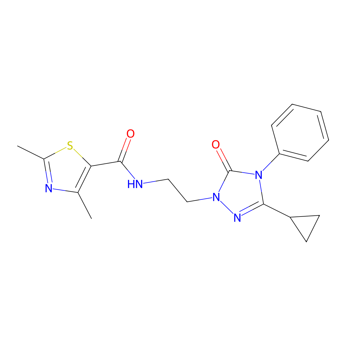 N-(2-(3-cyclopropyl-5-oxo-4-phenyl-4,5-dihydro-1H-1,2,4-triazol-1-yl)ethyl)-2,4-dimethylthiazole-5-carboxamide molecular structure, CAS 1421463-44-6