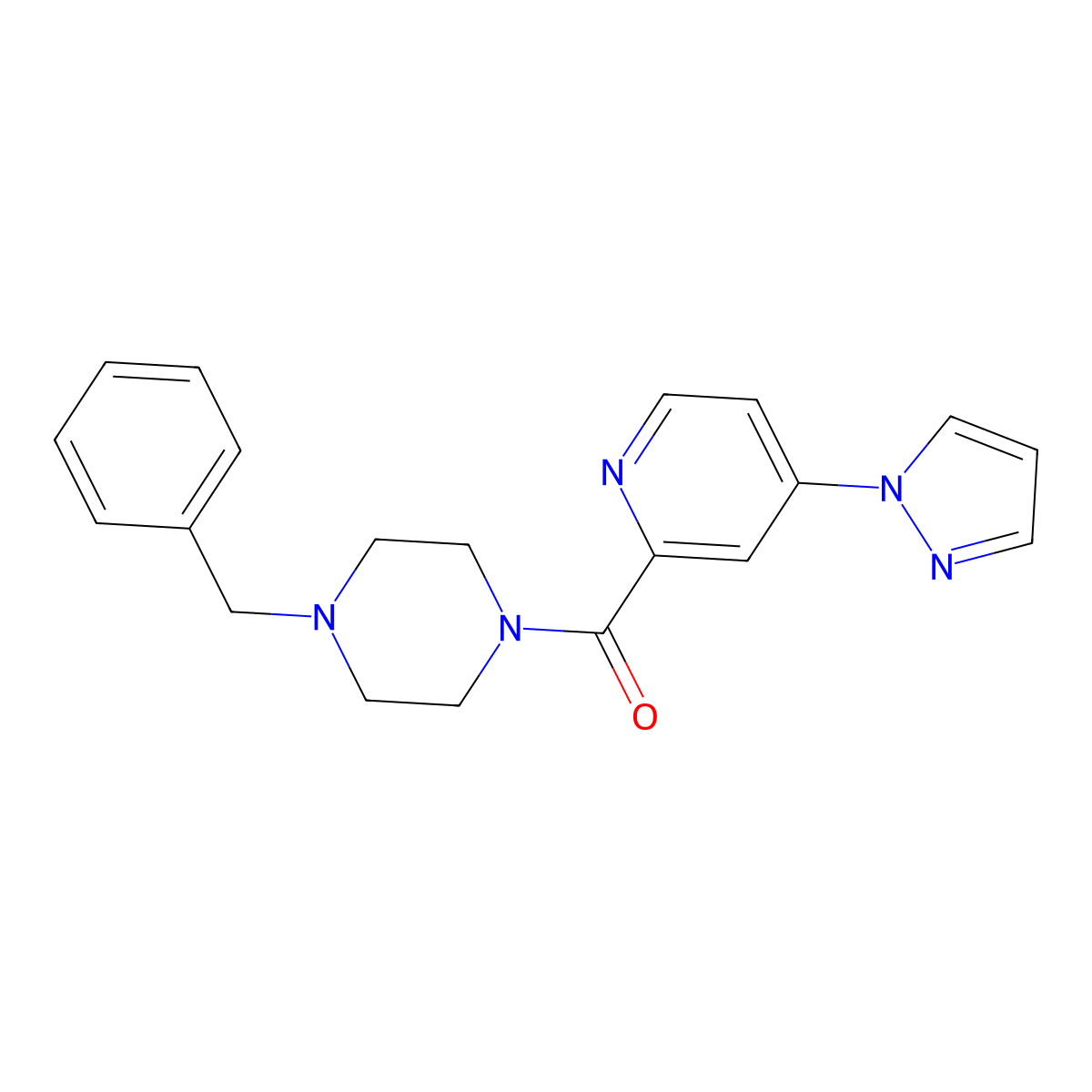 (4-(1H-pyrazol-1-yl)pyridin-2-yl)(4-benzylpiperazin-1-yl)methanone molecular structure, CAS 1421463-67-3