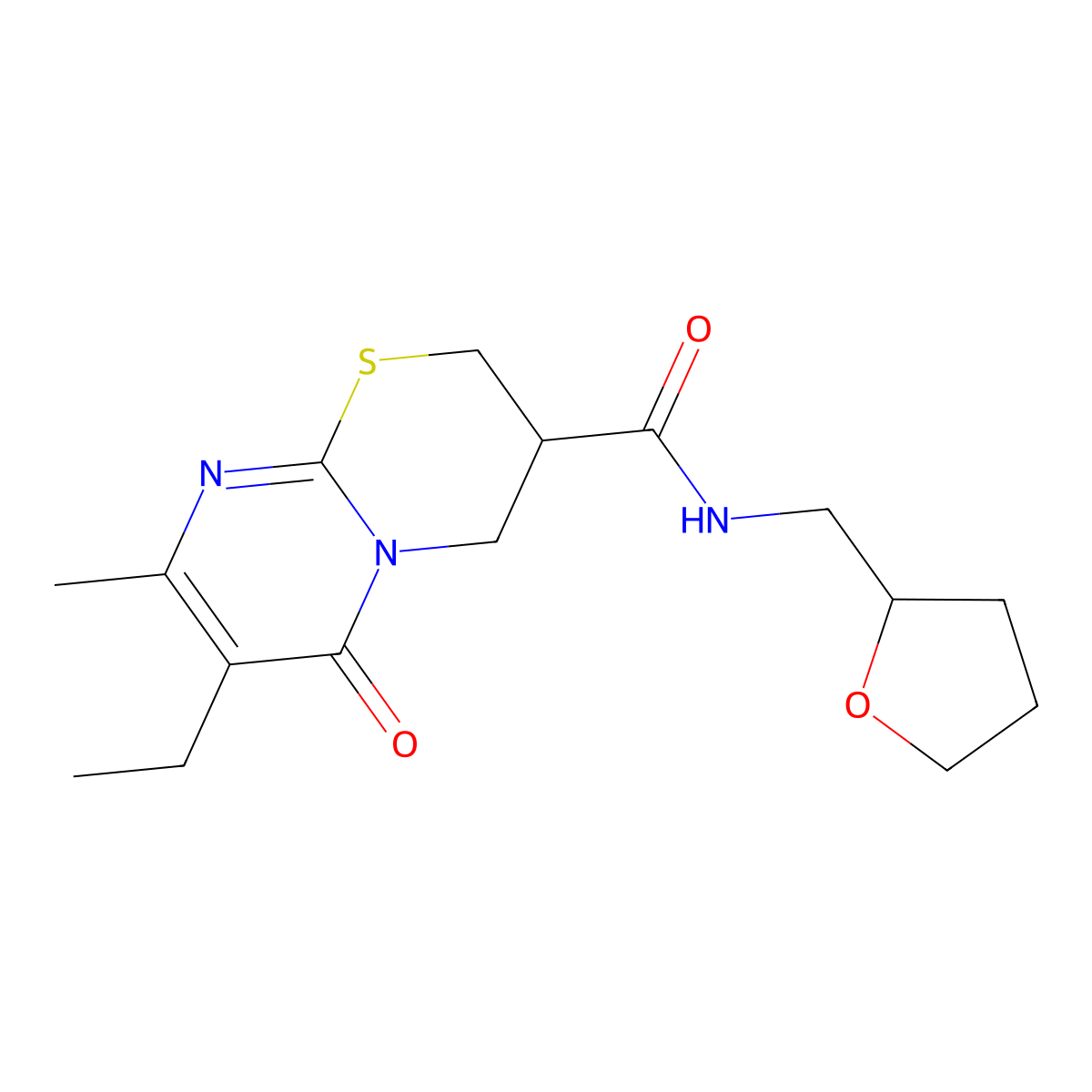 7-ethyl-8-methyl-6-oxo-N-((tetrahydrofuran-2-yl)methyl)-2,3,4,6-tetrahydropyrimido[2,1-b][1,3]thiazine-3-carboxamide molecular structure, CAS 1421463-89-9