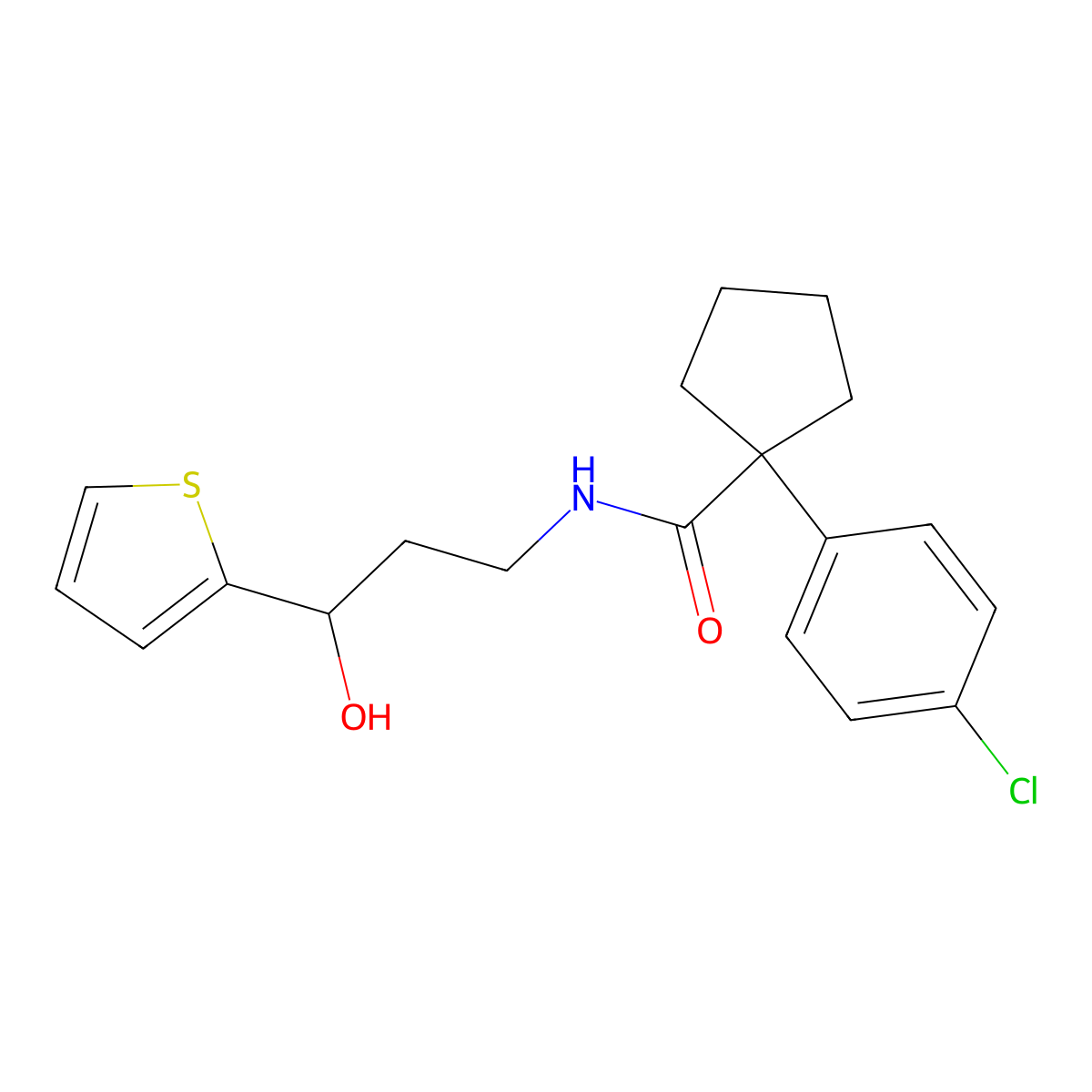 1-(4-chlorophenyl)-N-(3-hydroxy-3-(thiophen-2-yl)propyl)cyclopentanecarboxamide molecular structure, CAS 1421463-97-9