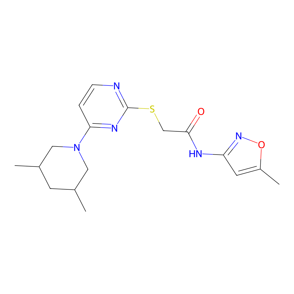 2-((4-(3,5-dimethylpiperidin-1-yl)pyrimidin-2-yl)thio)-N-(5-methylisoxazol-3-yl)acetamide molecular structure, CAS 1421464-09-6