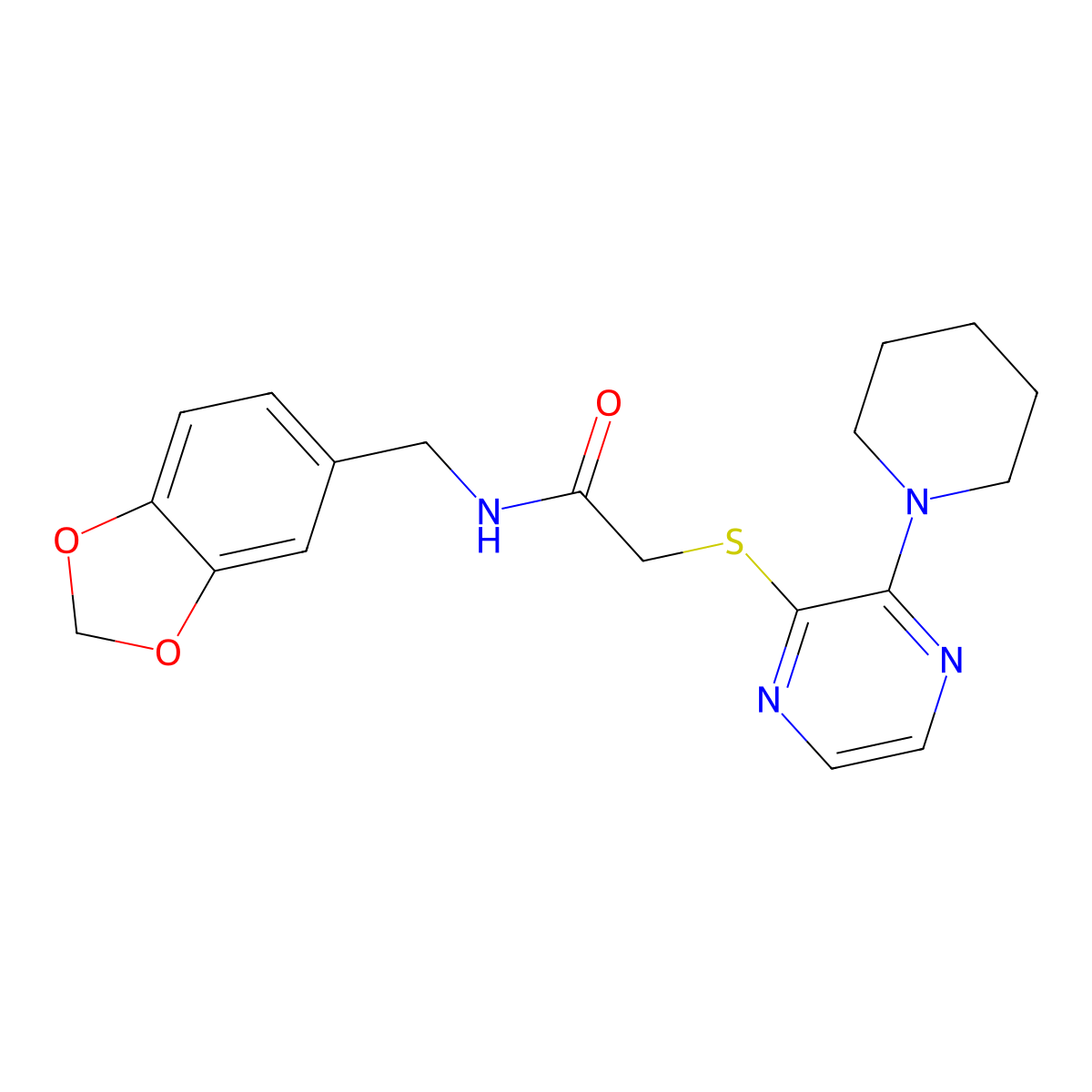 N-(benzo[d][1,3]dioxol-5-ylmethyl)-2-((3-(piperidin-1-yl)pyrazin-2-yl)thio)acetamide molecular structure, CAS 1421464-20-1