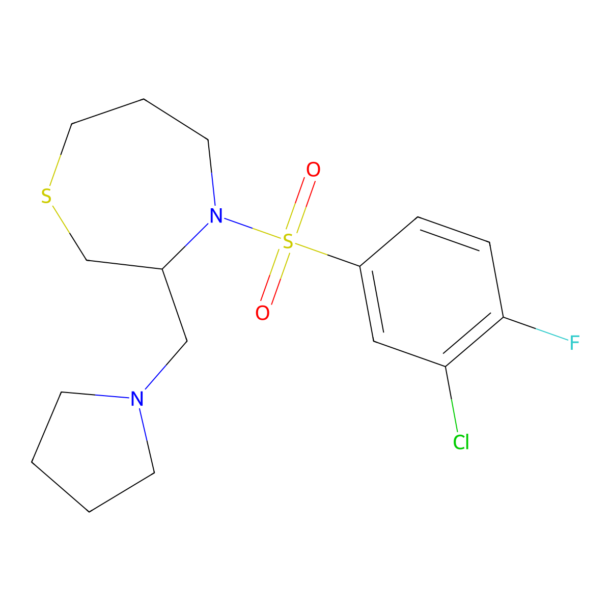 4-((3-Chloro-4-fluorophenyl)sulfonyl)-3-(pyrrolidin-1-ylmethyl)-1,4-thiazepane molecular structure, CAS 1421464-41-6