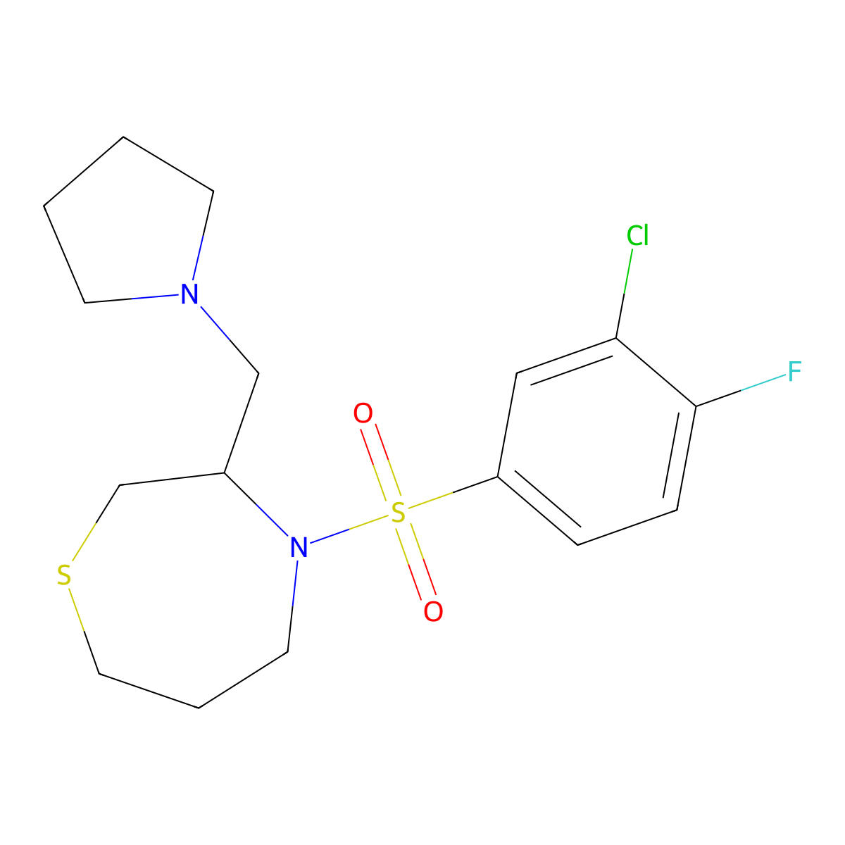 4-((3-Chloro-4-fluorophenyl)sulfonyl)-3-(pyrrolidin-1-ylmethyl)-1,4-thiazepane molecular structure, CAS 1421464-41-6