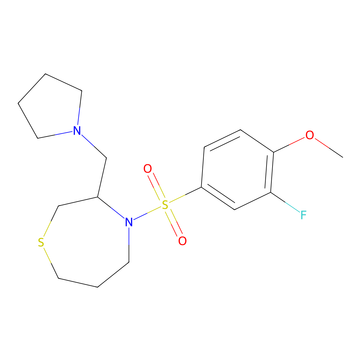 4-((3-Fluoro-4-methoxyphenyl)sulfonyl)-3-(pyrrolidin-1-ylmethyl)-1,4-thiazepane molecular structure, CAS 1421464-46-1