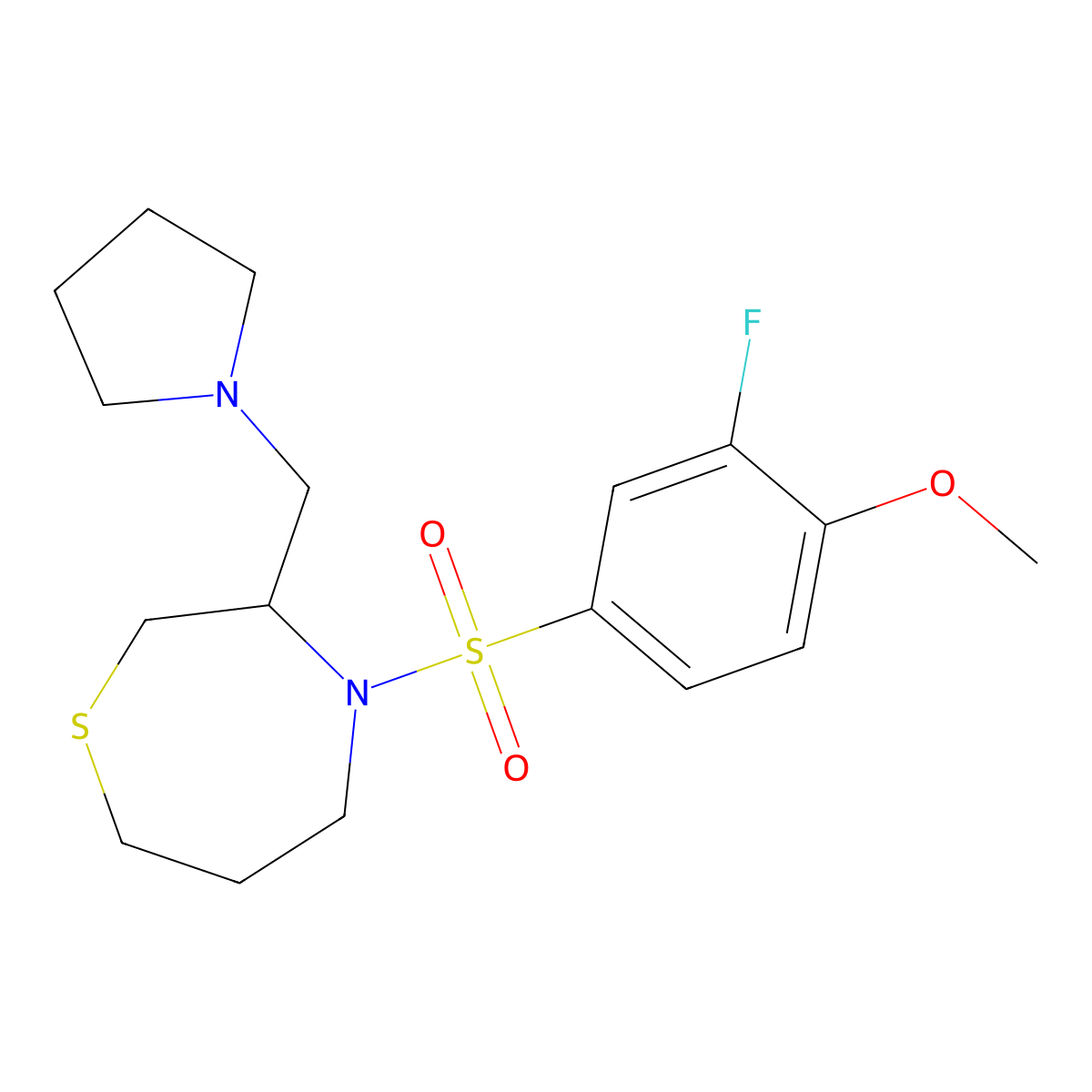 4-((3-Fluoro-4-methoxyphenyl)sulfonyl)-3-(pyrrolidin-1-ylmethyl)-1,4-thiazepane molecular structure, CAS 1421464-46-1