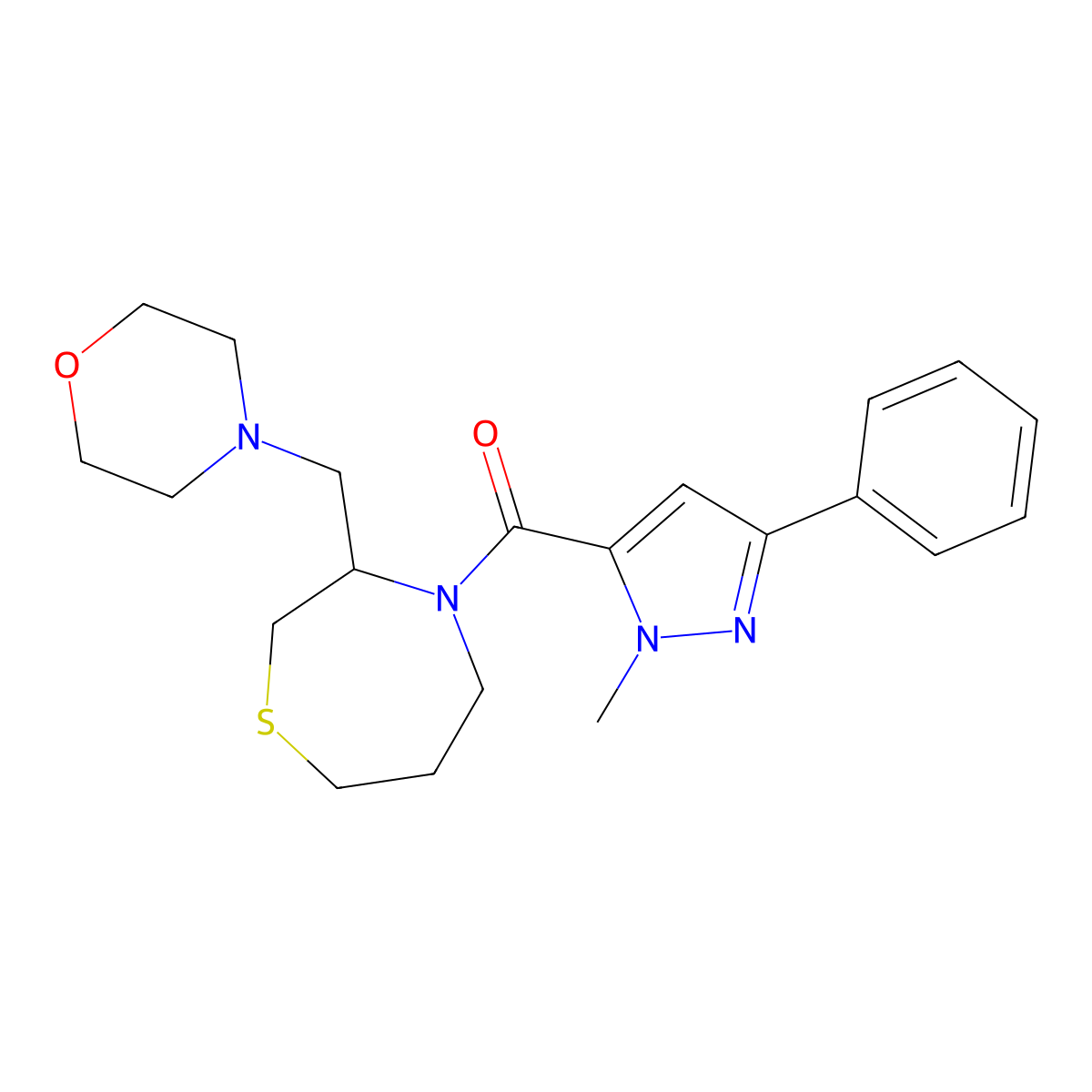 4-(1-methyl-3-phenyl-1H-pyrazole-5-carbonyl)-3-[(morpholin-4-yl)methyl]-1,4-thiazepane molecular structure, CAS 1421464-56-3