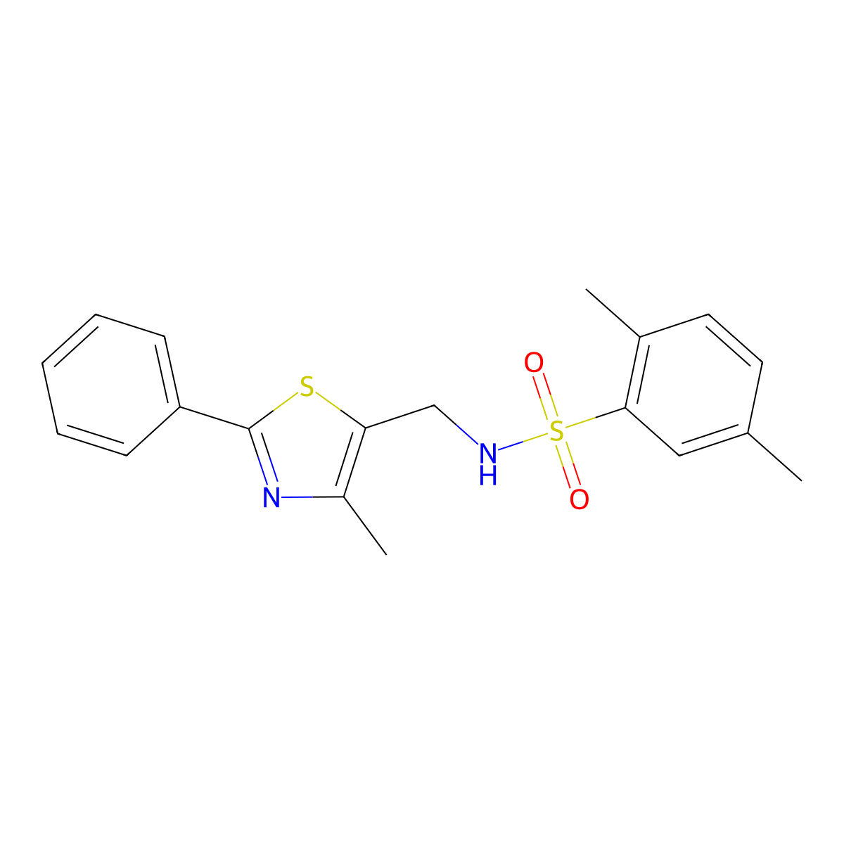 2,5-dimethyl-N-((4-methyl-2-phenylthiazol-5-yl)methyl)benzenesulfonamide molecular structure, CAS 1421464-81-4