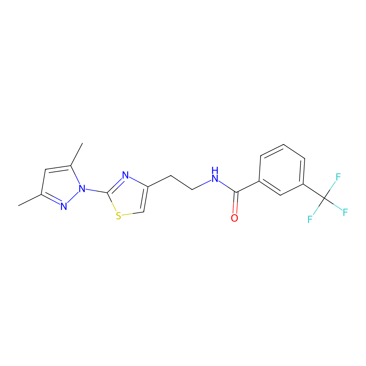 N-(2-(2-(3,5-dimethyl-1H-pyrazol-1-yl)thiazol-4-yl)ethyl)-3-(trifluoromethyl)benzamide molecular structure, CAS 1421464-85-8