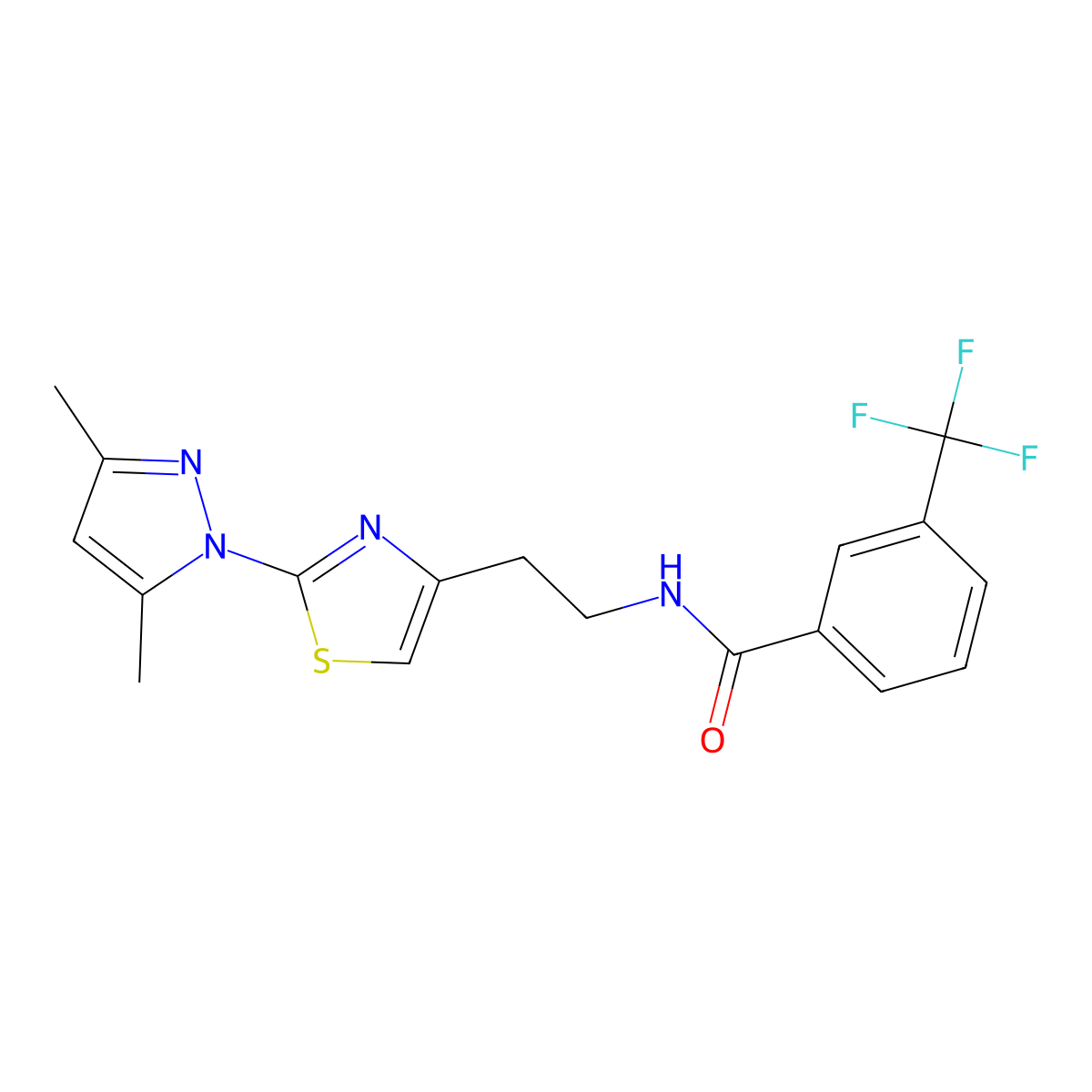 N-(2-(2-(3,5-dimethyl-1H-pyrazol-1-yl)thiazol-4-yl)ethyl)-3-(trifluoromethyl)benzamide molecular structure, CAS 1421464-85-8