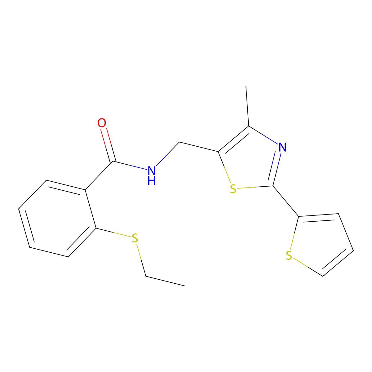 2-(ethylthio)-N-((4-methyl-2-(thiophen-2-yl)thiazol-5-yl)methyl)benzamide molecular structure, CAS 1421464-88-1
