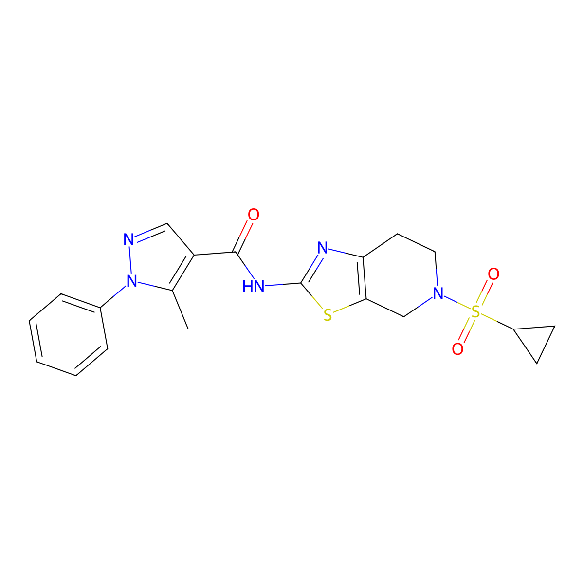 N-(5-(cyclopropylsulfonyl)-4,5,6,7-tetrahydrothiazolo[5,4-c]pyridin-2-yl)-5-methyl-1-phenyl-1H-pyrazole-4-carboxamide molecular structure, CAS 1421464-90-5