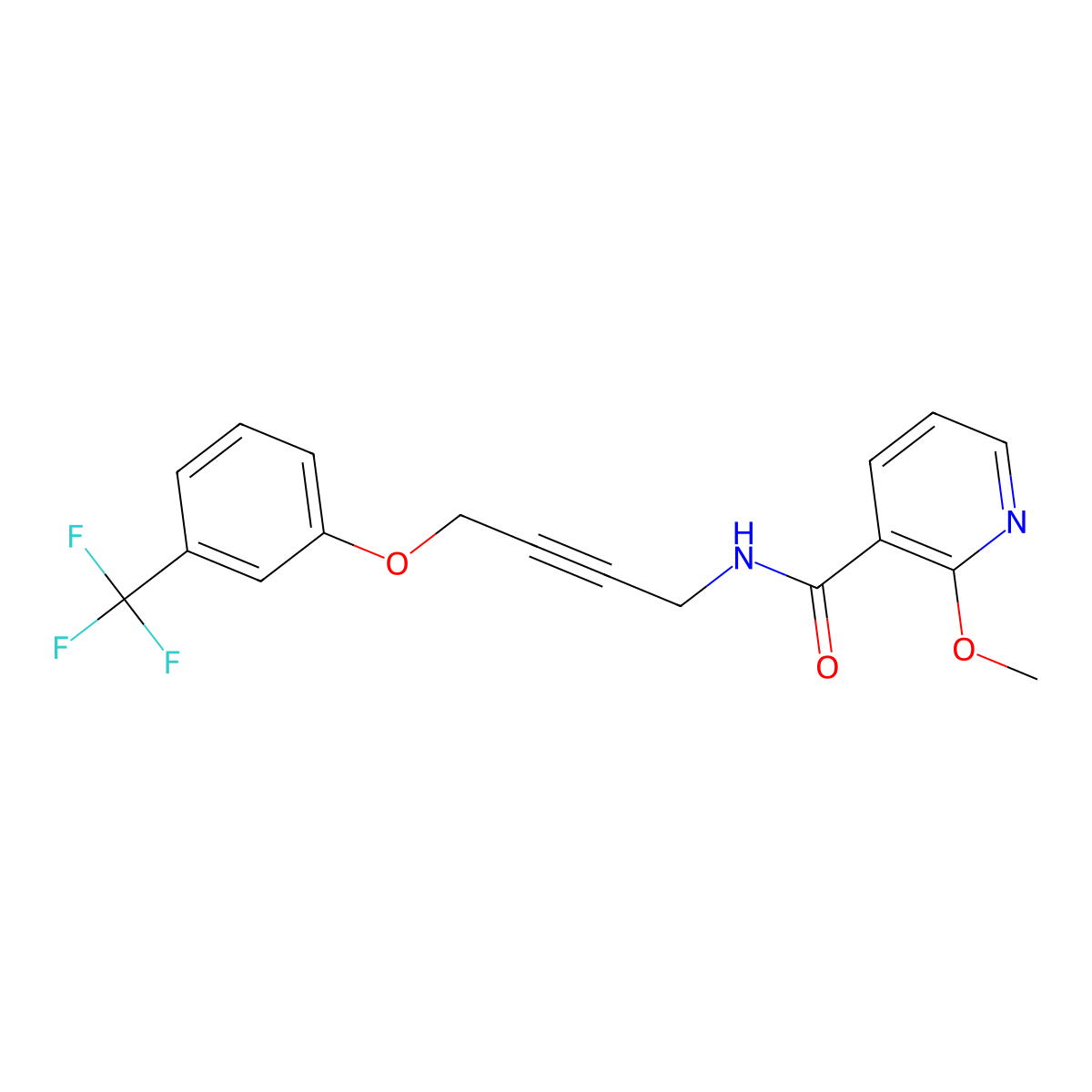 2-methoxy-N-(4-(3-(trifluoromethyl)phenoxy)but-2-yn-1-yl)nicotinamide molecular structure, CAS 1421464-93-8