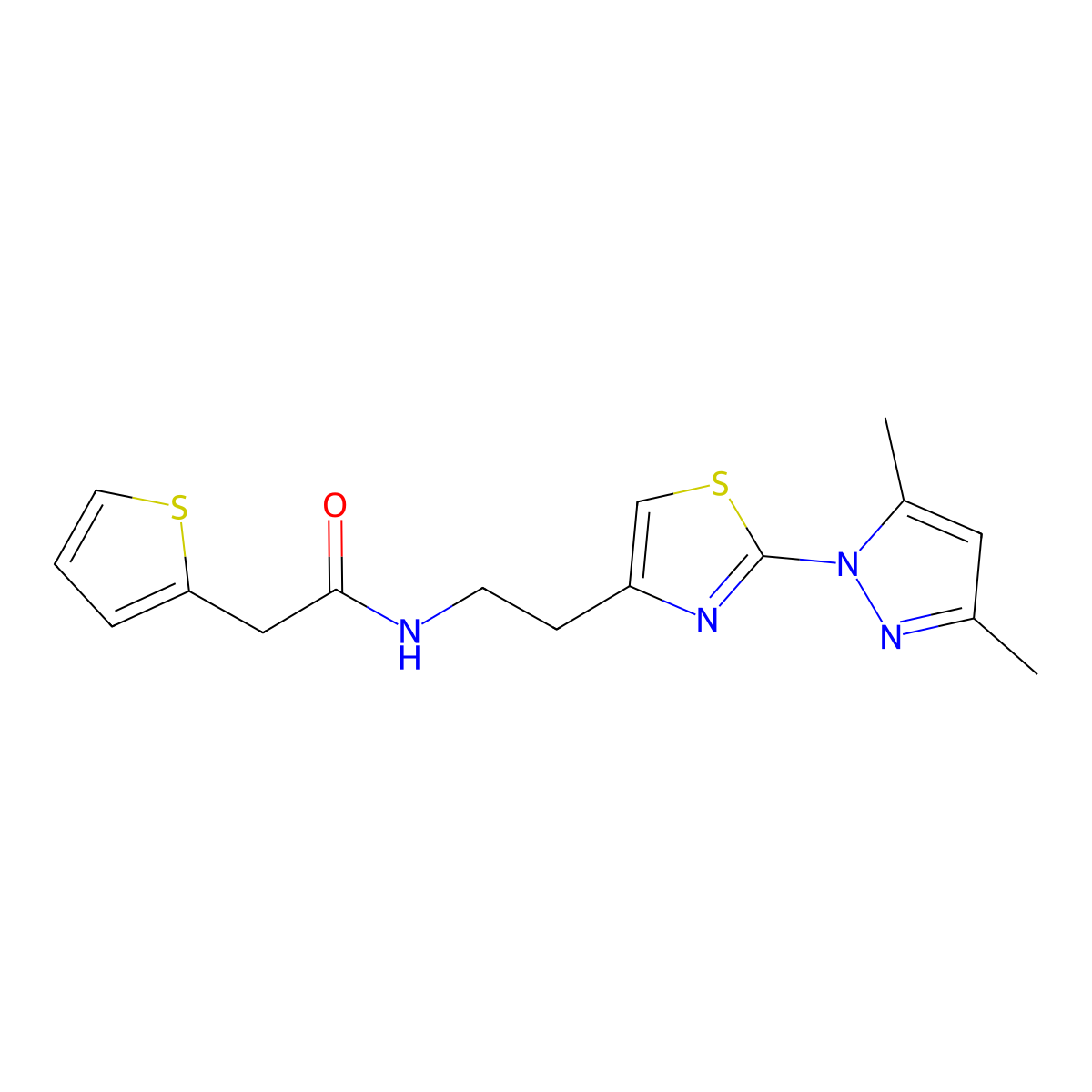 N-(2-(2-(3,5-dimethyl-1H-pyrazol-1-yl)thiazol-4-yl)ethyl)-2-(thiophen-2-yl)acetamide molecular structure, CAS 1421464-98-3