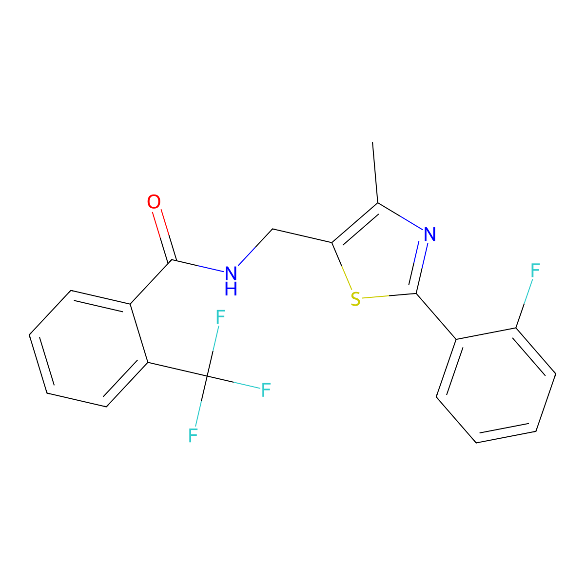 N-((2-(2-fluorophenyl)-4-methylthiazol-5-yl)methyl)-2-(trifluoromethyl)benzamide molecular structure, CAS 1421465-03-3