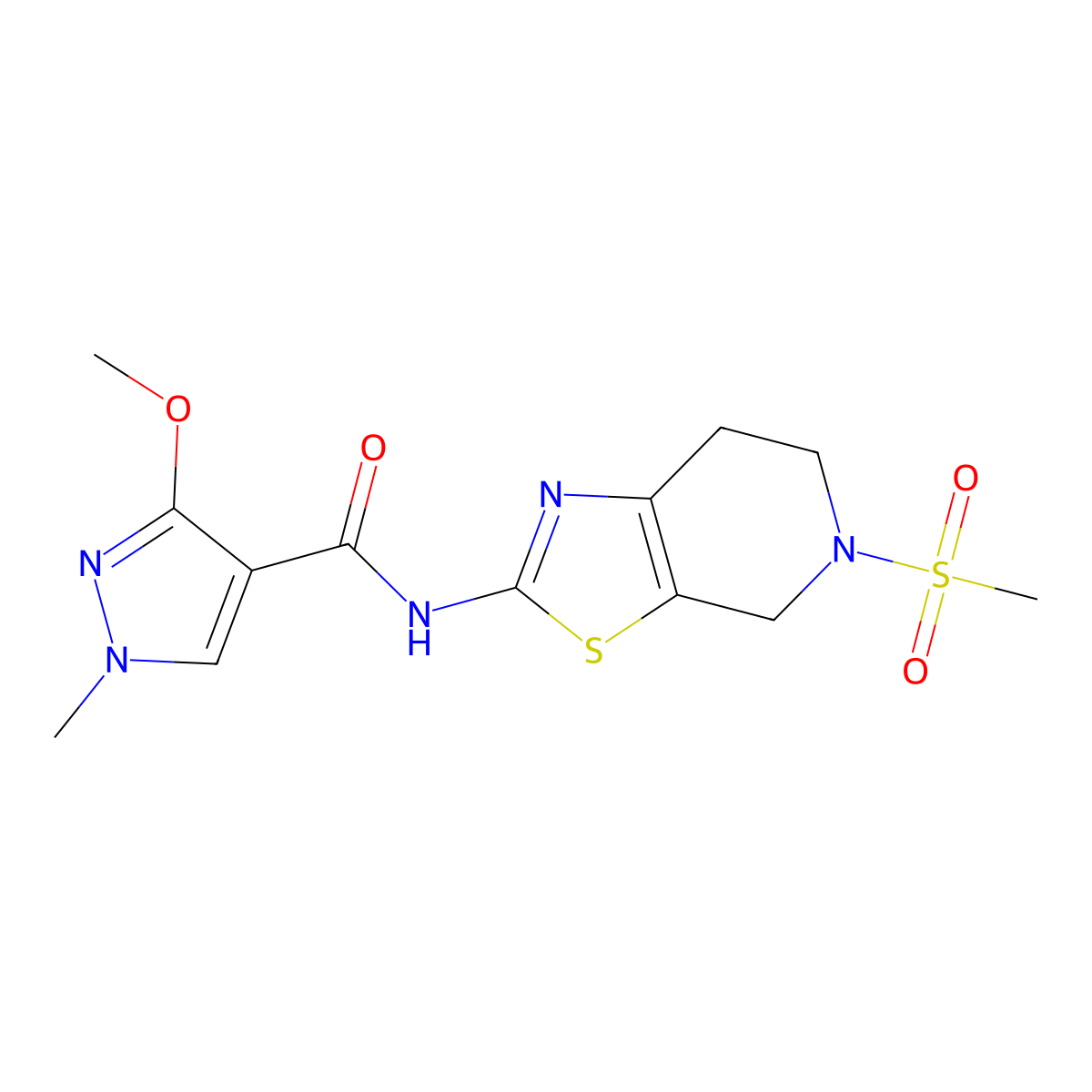 3-methoxy-1-methyl-N-(5-(methylsulfonyl)-4,5,6,7-tetrahydrothiazolo[5,4-c]pyridin-2-yl)-1H-pyrazole-4-carboxamide molecular structure, CAS 1421465-09-9
