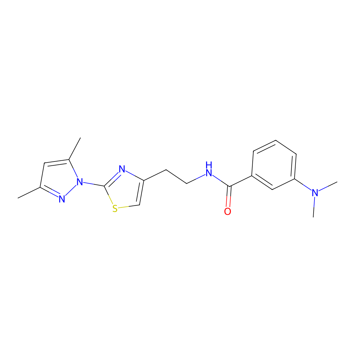 N-(2-(2-(3,5-dimethyl-1H-pyrazol-1-yl)thiazol-4-yl)ethyl)-3-(dimethylamino)benzamide molecular structure, CAS 1421465-17-9