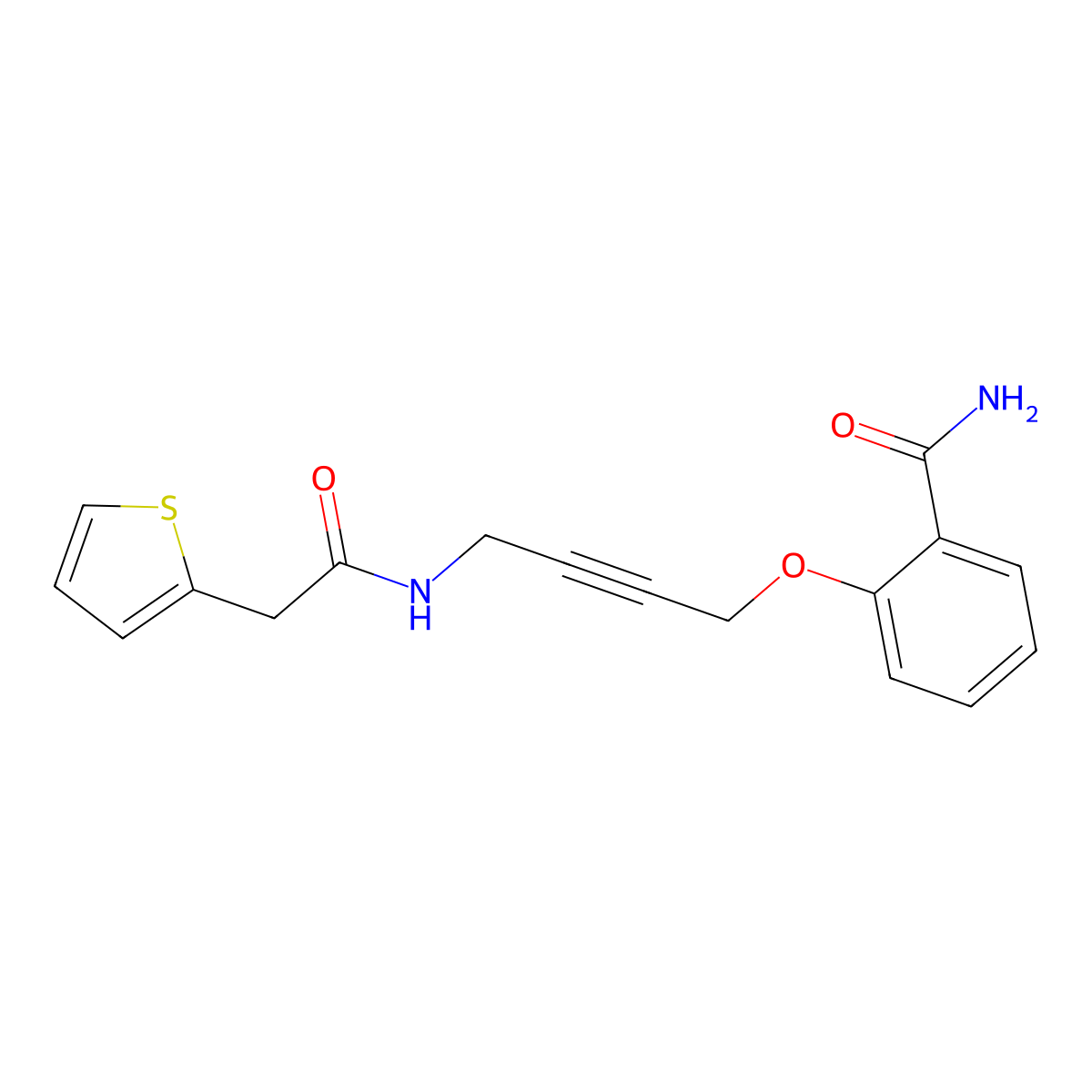 2-((4-(2-(Thiophen-2-yl)acetamido)but-2-yn-1-yl)oxy)benzamide molecular structure, CAS 1421465-19-1