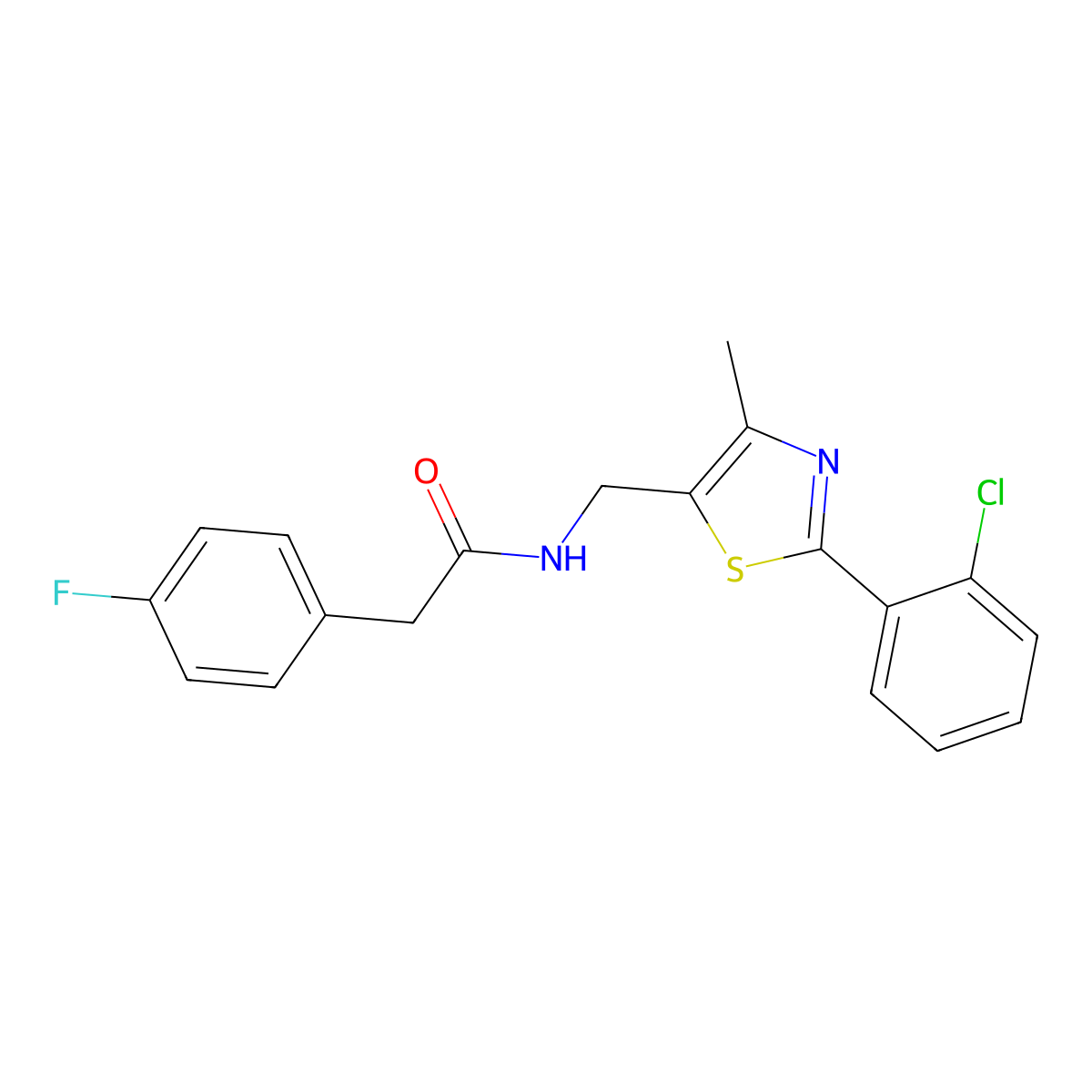 N-((2-(2-chlorophenyl)-4-methylthiazol-5-yl)methyl)-2-(4-fluorophenyl)acetamide molecular structure, CAS 1421465-21-5