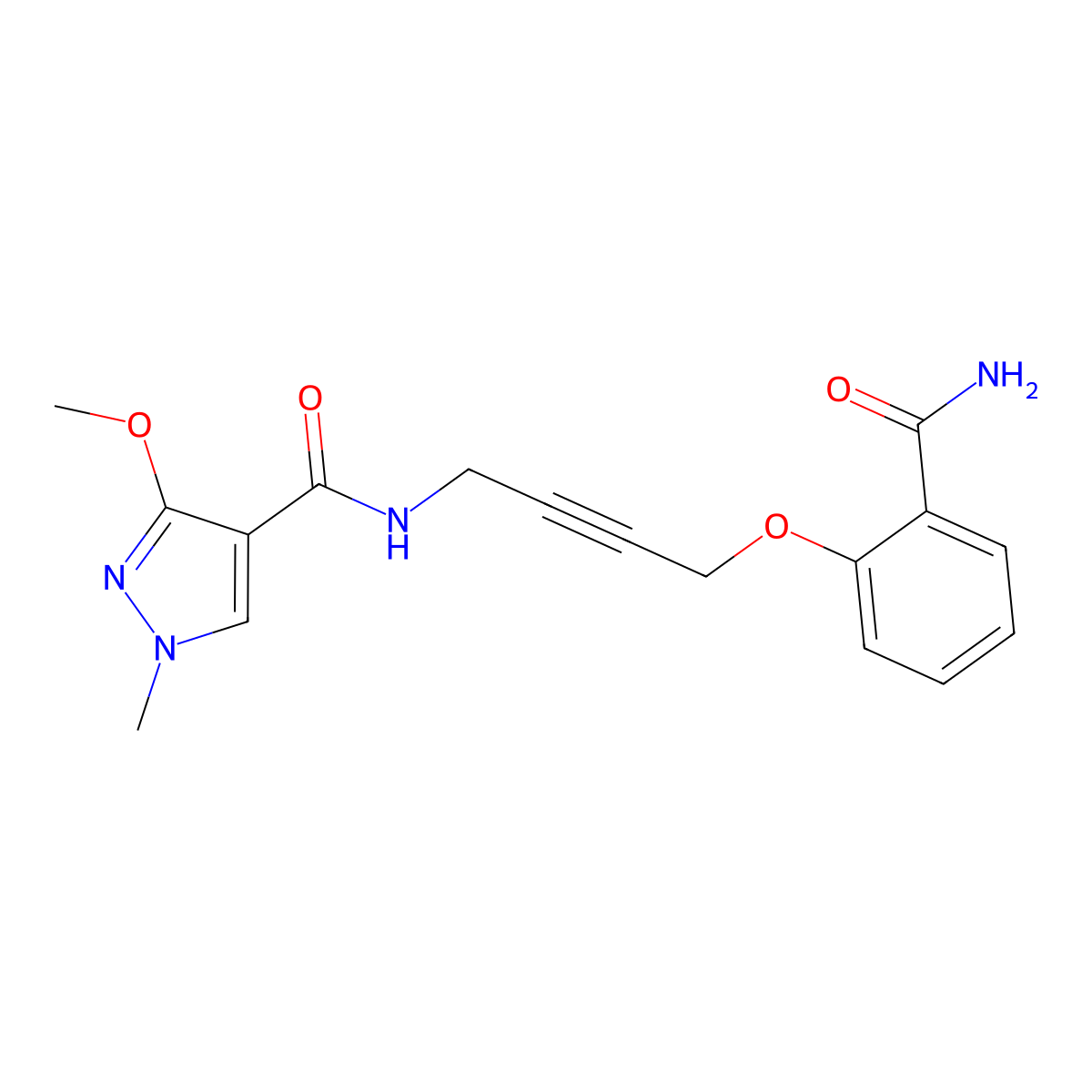N-[4-(2-carbamoylphenoxy)but-2-yn-1-yl]-3-methoxy-1-methyl-1H-pyrazole-4-carboxamide molecular structure, CAS 1421465-46-4