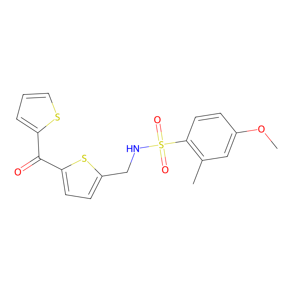 4-methoxy-2-methyl-N-((5-(thiophene-2-carbonyl)thiophen-2-yl)methyl)benzenesulfonamide molecular structure, CAS 1421465-71-5