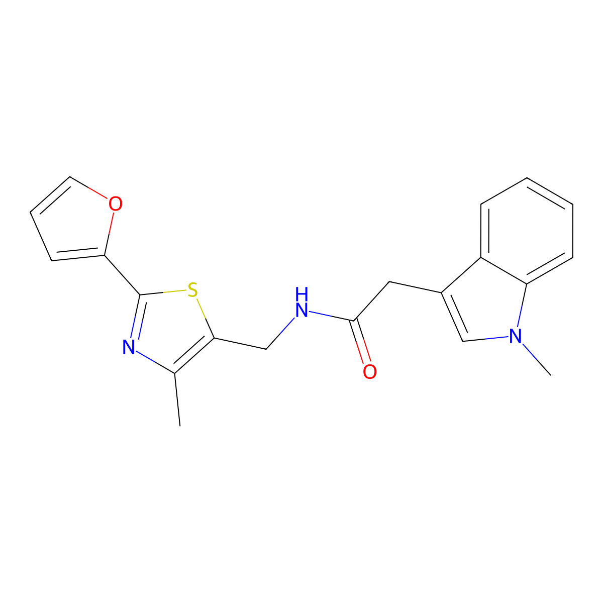 N-((2-(furan-2-yl)-4-methylthiazol-5-yl)methyl)-2-(1-methyl-1H-indol-3-yl)acetamide molecular structure, CAS 1421465-72-6