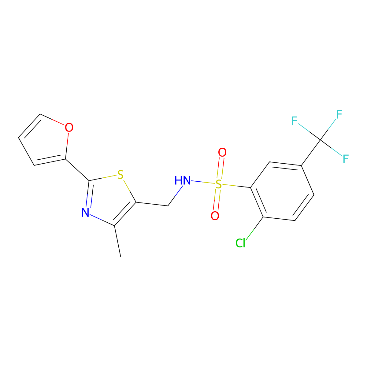 2-chloro-N-((2-(furan-2-yl)-4-methylthiazol-5-yl)methyl)-5-(trifluoromethyl)benzenesulfonamide molecular structure, CAS 1421465-76-0