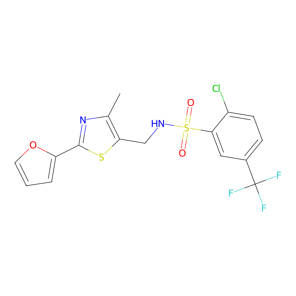 2-chloro-N-((2-(furan-2-yl)-4-methylthiazol-5-yl)methyl)-5-(trifluoromethyl)benzenesulfonamide molecular structure, CAS 1421465-76-0