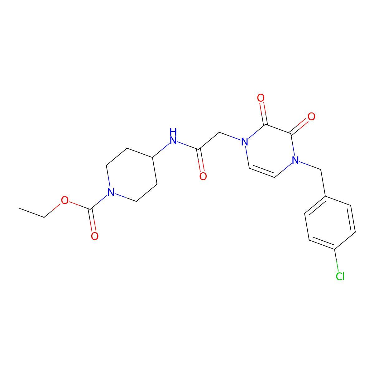 ethyl 4-(2-(4-(4-chlorobenzyl)-2,3-dioxo-3,4-dihydropyrazin-1(2H)-yl)acetamido)piperidine-1-carboxylate molecular structure, CAS 1421465-86-2