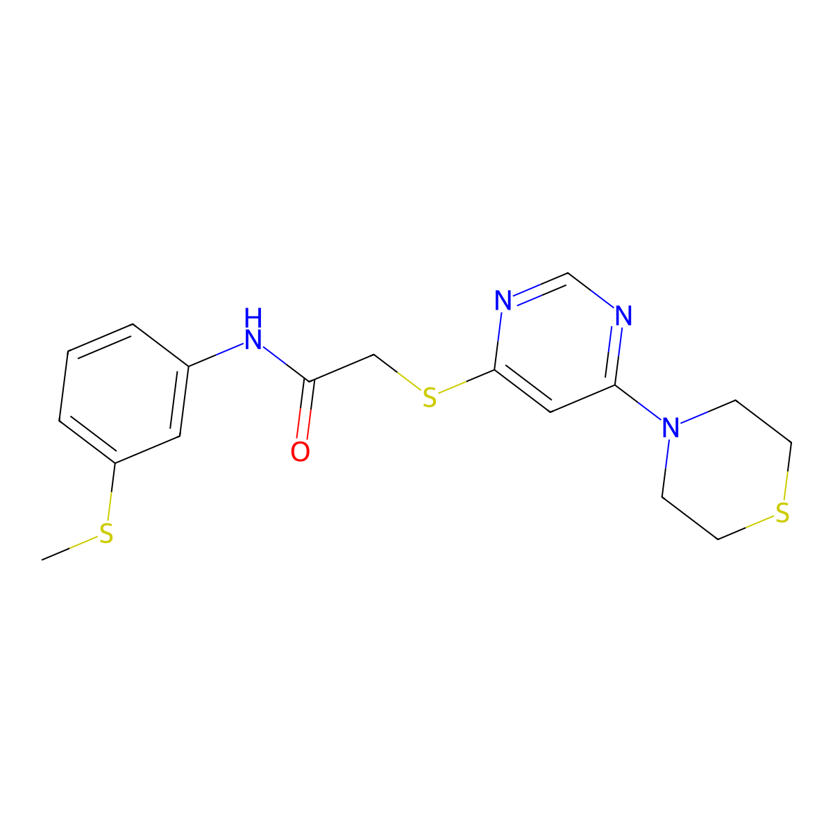N-(3-(methylthio)phenyl)-2-((6-thiomorpholinopyrimidin-4-yl)thio)acetamide molecular structure, CAS 1421465-90-8