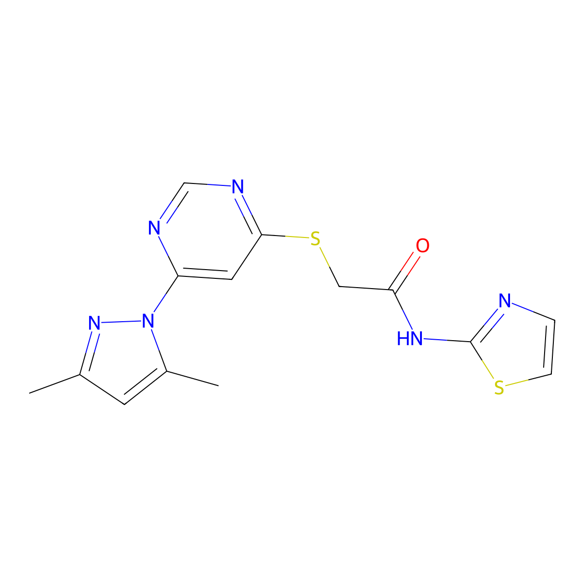 2-((6-(3,5-dimethyl-1H-pyrazol-1-yl)pyrimidin-4-yl)thio)-N-(thiazol-2-yl)acetamide molecular structure, CAS 1421465-94-2