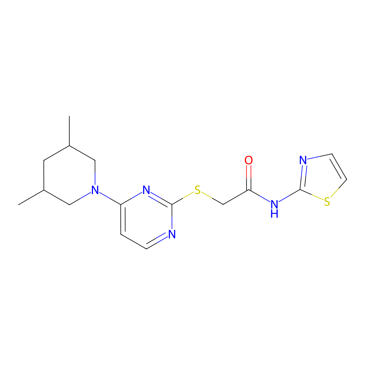 2-((4-(3,5-dimethylpiperidin-1-yl)pyrimidin-2-yl)thio)-N-(thiazol-2-yl)acetamide molecular structure, CAS 1421465-97-5
