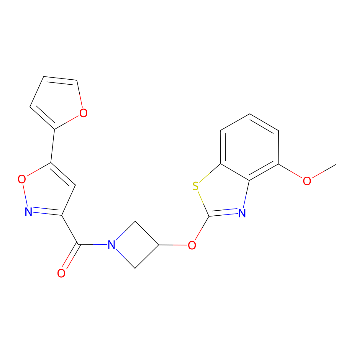 (5-(Furan-2-yl)isoxazol-3-yl)(3-((4-methoxybenzo[d]thiazol-2-yl)oxy)azetidin-1-yl)methanone molecular structure, CAS 1421466-36-5