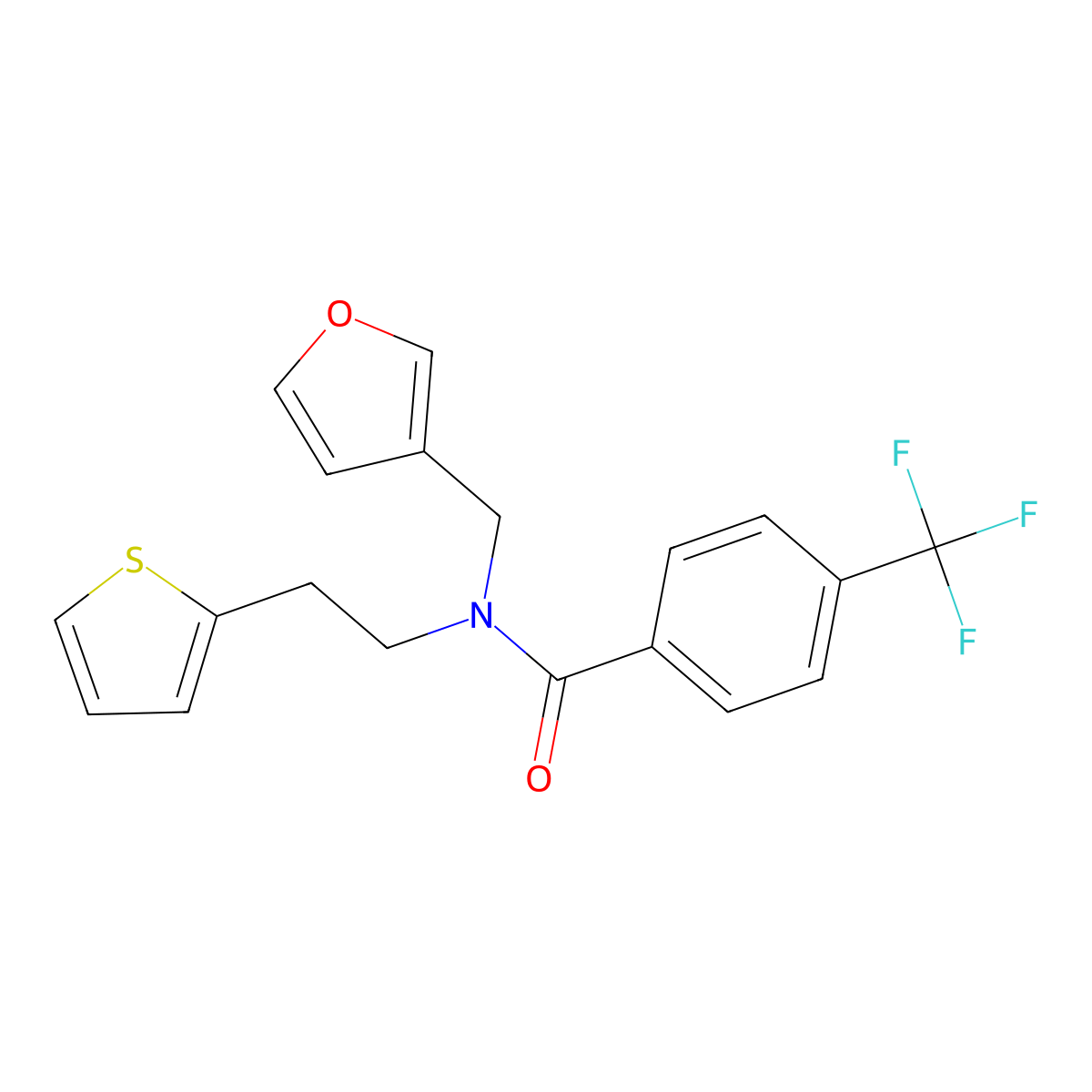 N-(furan-3-ylmethyl)-N-(2-(thiophen-2-yl)ethyl)-4-(trifluoromethyl)benzamide molecular structure, CAS 1421466-65-0