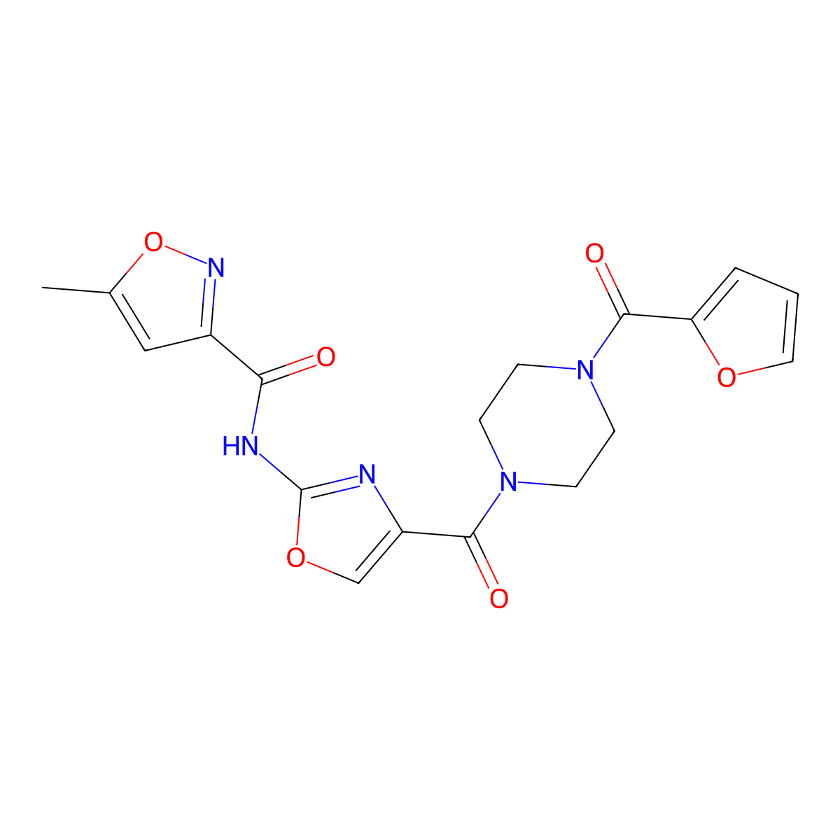 N-(4-(4-(furan-2-carbonyl)piperazine-1-carbonyl)oxazol-2-yl)-5-methylisoxazole-3-carboxamide molecular structure, CAS 1421466-80-9