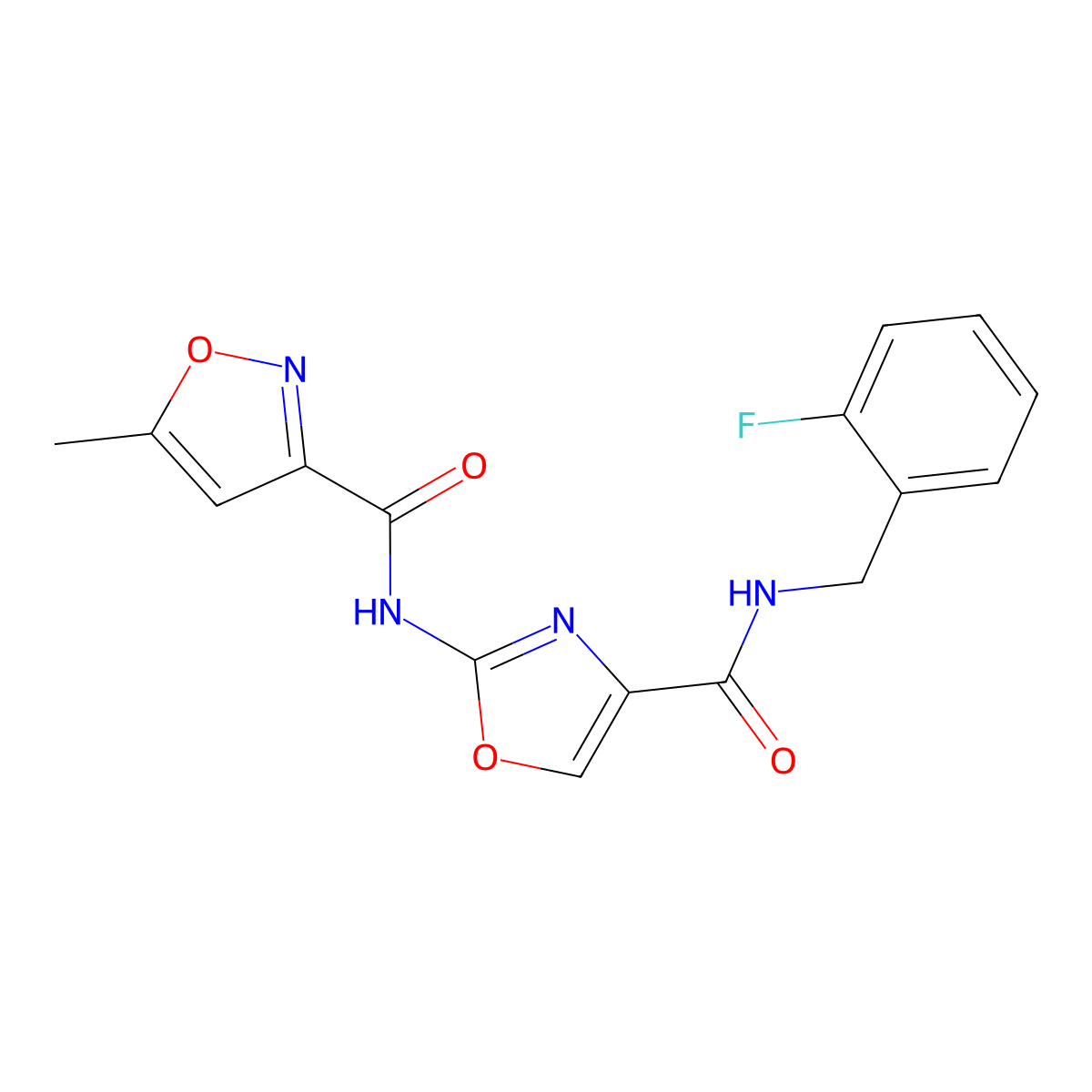 N-(4-((2-fluorobenzyl)carbamoyl)oxazol-2-yl)-5-methylisoxazole-3-carboxamide molecular structure, CAS 1421466-88-7