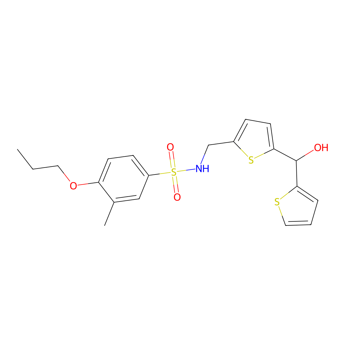 N-((5-(hydroxy(thiophen-2-yl)methyl)thiophen-2-yl)methyl)-3-methyl-4-propoxybenzenesulfonamide molecular structure, CAS 1421467-07-3